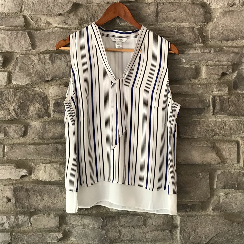 LIKE NEW WHBM Size M Tie-Neck Blue and White Striped Blouse